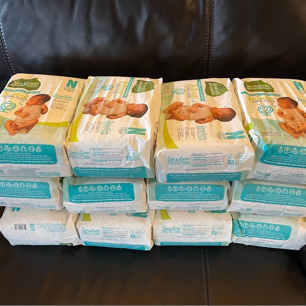 Seventh Generation- Newborn DIAPERS. 12 packs of 31 (373 total)
